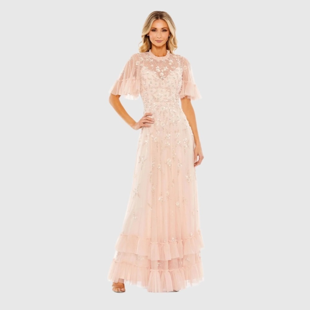 Mac Duggal Blush Pink Embellished Tulle Maxi Dress